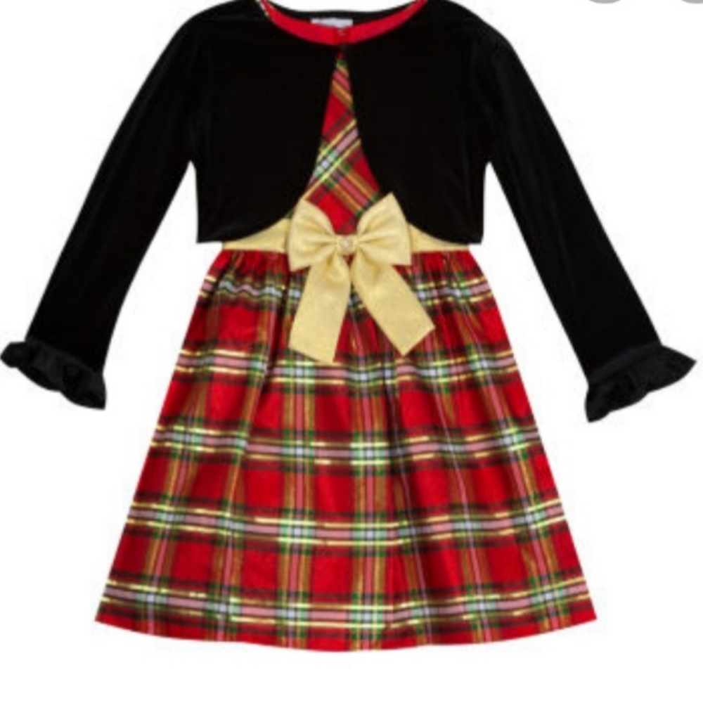 Little Girls 2T-16.5 Long-Sleeve Lurex Plaid Dress & Velvet Cardigan